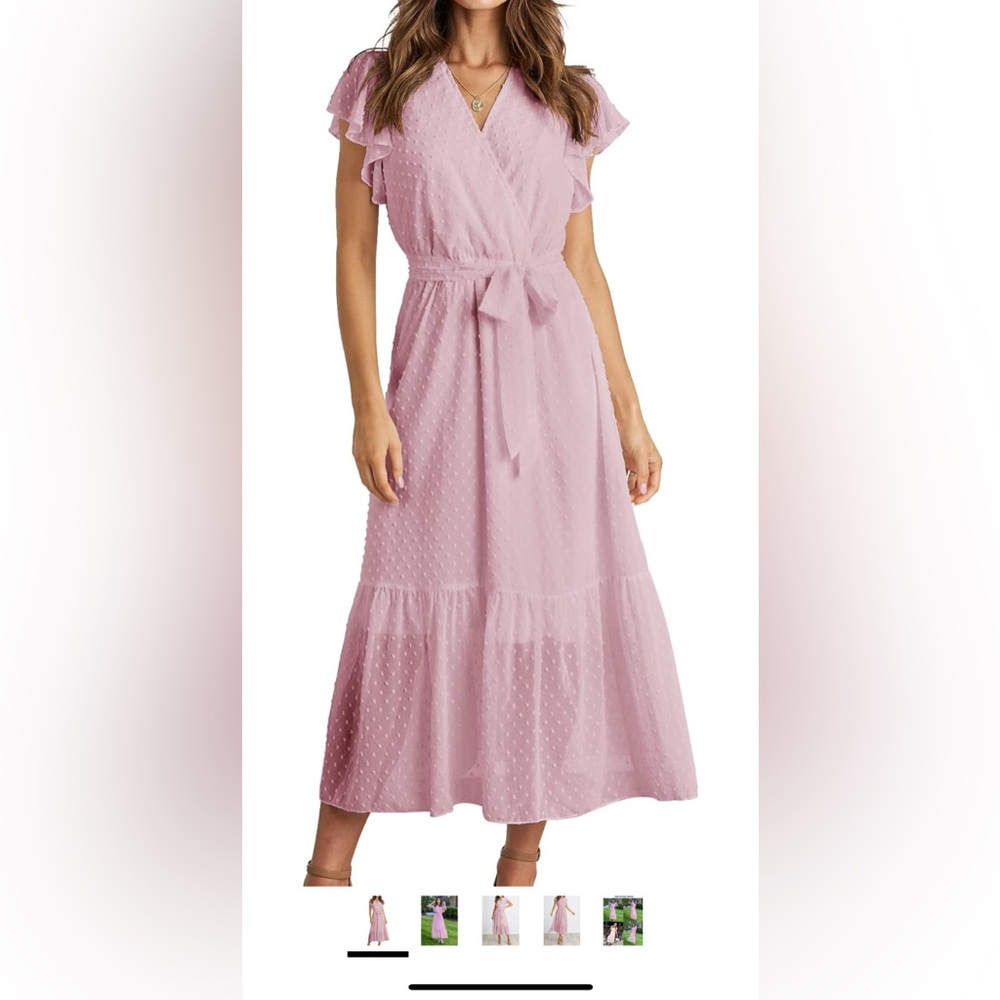 Casual Wrap V Neck Ruffle Cap Sleeveless Belt A-Line Pleated Hem Midi